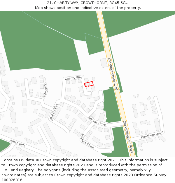 21, CHARITY WAY, CROWTHORNE, RG45 6GU: Location map and indicative extent of plot