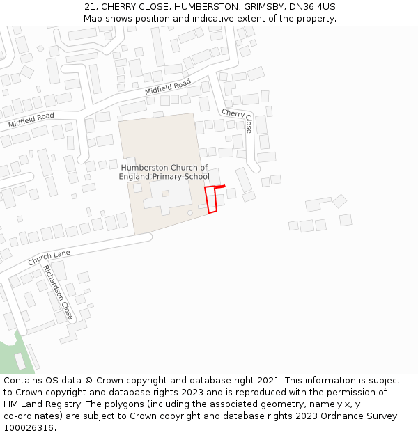 21, CHERRY CLOSE, HUMBERSTON, GRIMSBY, DN36 4US: Location map and indicative extent of plot