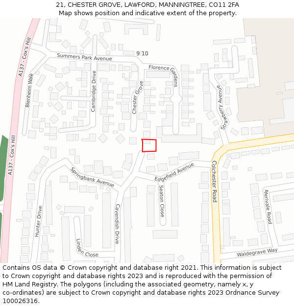 21, CHESTER GROVE, LAWFORD, MANNINGTREE, CO11 2FA: Location map and indicative extent of plot