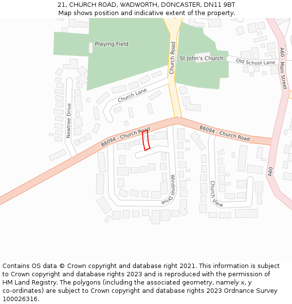 21, CHURCH ROAD, WADWORTH, DONCASTER, DN11 9BT: Location map and indicative extent of plot