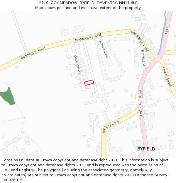 21, CLOCK MEADOW, BYFIELD, DAVENTRY, NN11 6LP: Location map and indicative extent of plot