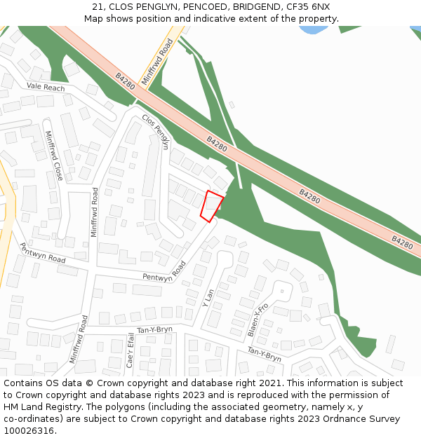 21, CLOS PENGLYN, PENCOED, BRIDGEND, CF35 6NX: Location map and indicative extent of plot