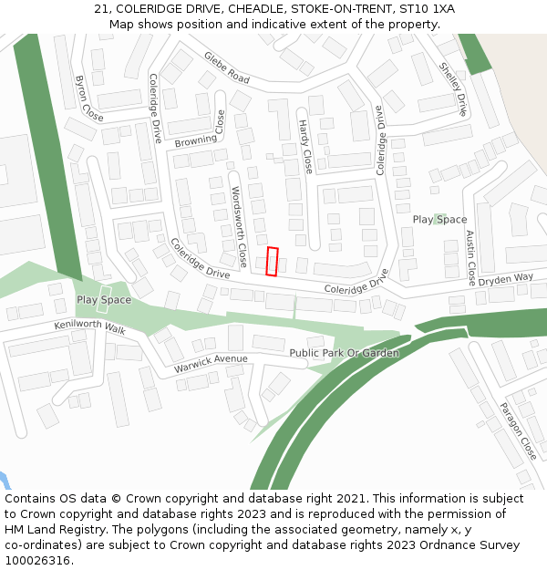 21, COLERIDGE DRIVE, CHEADLE, STOKE-ON-TRENT, ST10 1XA: Location map and indicative extent of plot