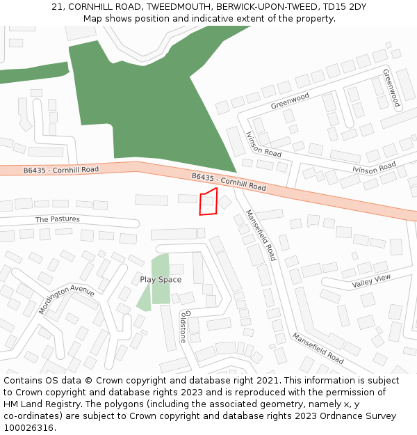 21, CORNHILL ROAD, TWEEDMOUTH, BERWICK-UPON-TWEED, TD15 2DY: Location map and indicative extent of plot