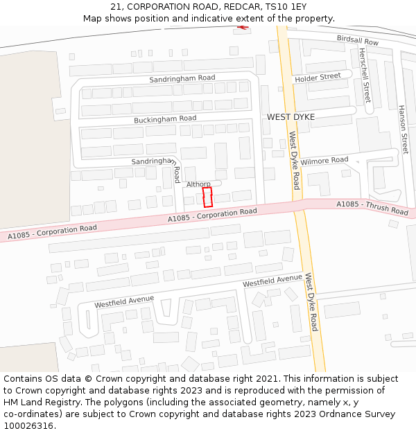 21, CORPORATION ROAD, REDCAR, TS10 1EY: Location map and indicative extent of plot