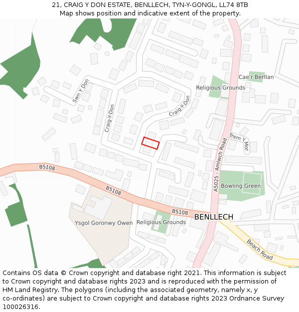 21, CRAIG Y DON ESTATE, BENLLECH, TYN-Y-GONGL, LL74 8TB: Location map and indicative extent of plot