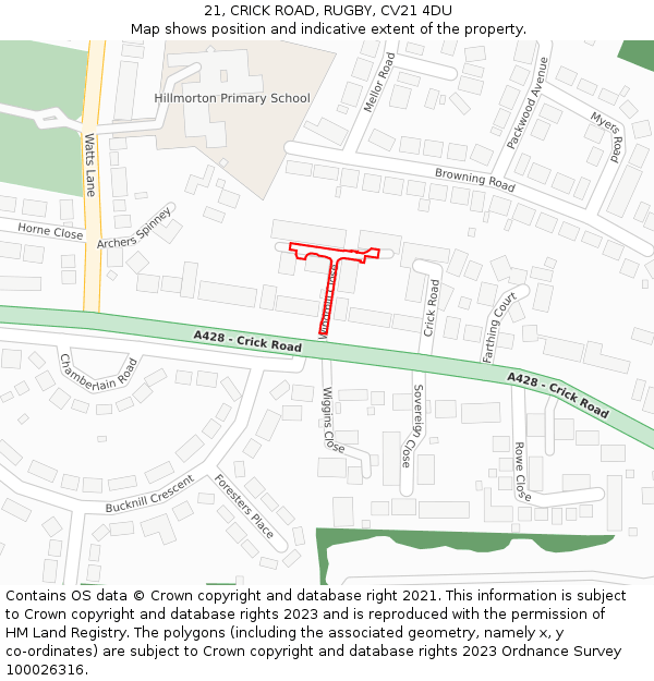 21, CRICK ROAD, RUGBY, CV21 4DU: Location map and indicative extent of plot