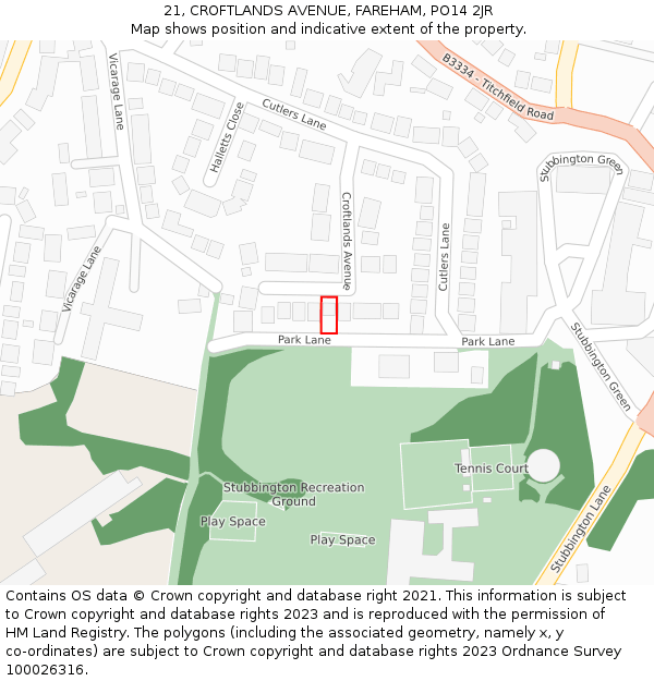 21, CROFTLANDS AVENUE, FAREHAM, PO14 2JR: Location map and indicative extent of plot