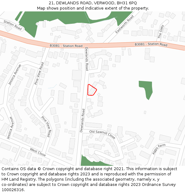 21, DEWLANDS ROAD, VERWOOD, BH31 6PQ: Location map and indicative extent of plot