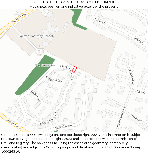 21, ELIZABETH II AVENUE, BERKHAMSTED, HP4 3BF: Location map and indicative extent of plot