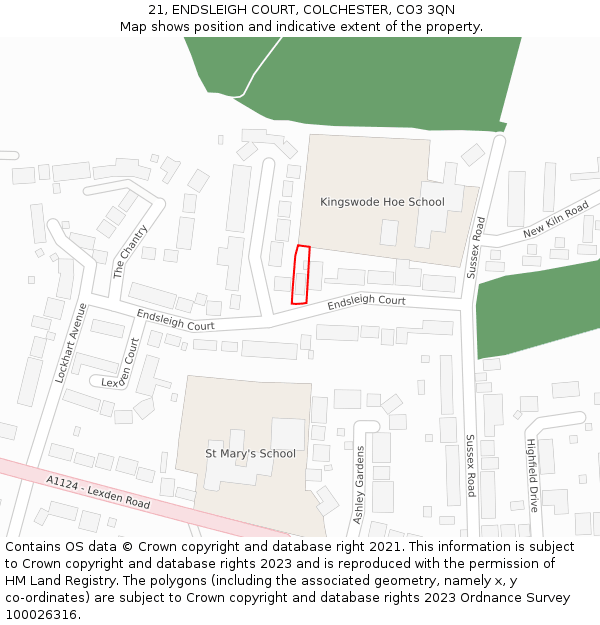 21, ENDSLEIGH COURT, COLCHESTER, CO3 3QN: Location map and indicative extent of plot