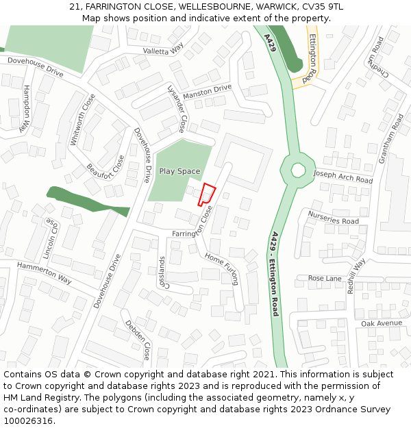 21, FARRINGTON CLOSE, WELLESBOURNE, WARWICK, CV35 9TL: Location map and indicative extent of plot