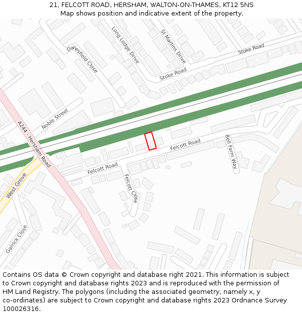 21, FELCOTT ROAD, HERSHAM, WALTON-ON-THAMES, KT12 5NS: Location map and indicative extent of plot