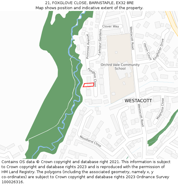 21, FOXGLOVE CLOSE, BARNSTAPLE, EX32 8RE: Location map and indicative extent of plot