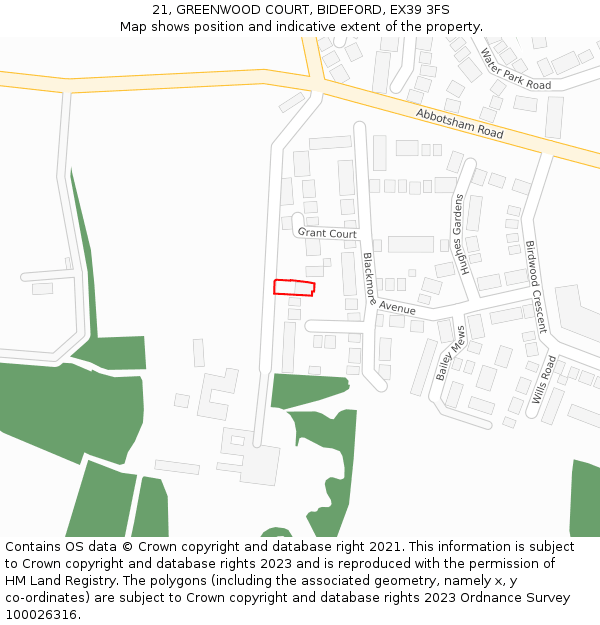 21, GREENWOOD COURT, BIDEFORD, EX39 3FS: Location map and indicative extent of plot