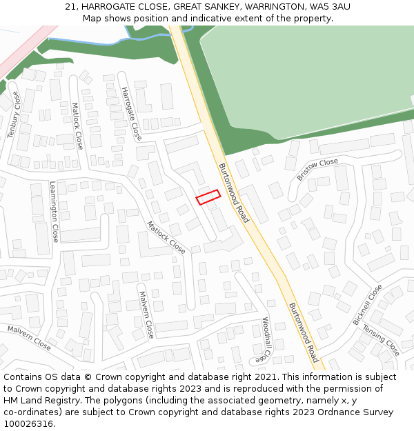 21, HARROGATE CLOSE, GREAT SANKEY, WARRINGTON, WA5 3AU: Location map and indicative extent of plot