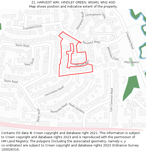 21, HARVEST WAY, HINDLEY GREEN, WIGAN, WN2 4GD: Location map and indicative extent of plot