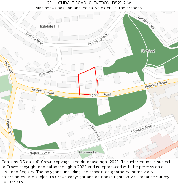 21, HIGHDALE ROAD, CLEVEDON, BS21 7LW: Location map and indicative extent of plot