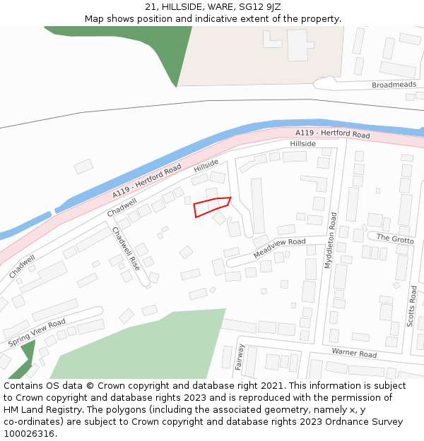 21, HILLSIDE, WARE, SG12 9JZ: Location map and indicative extent of plot