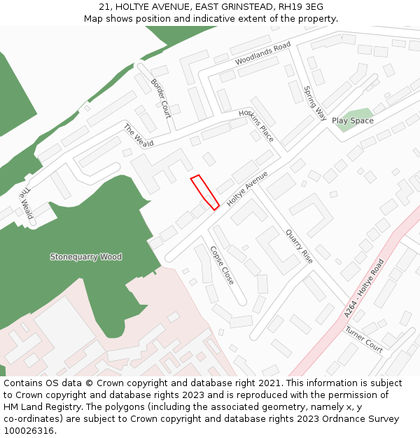 21, HOLTYE AVENUE, EAST GRINSTEAD, RH19 3EG: Location map and indicative extent of plot