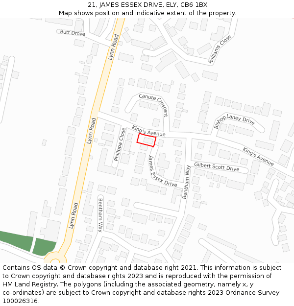 21, JAMES ESSEX DRIVE, ELY, CB6 1BX: Location map and indicative extent of plot