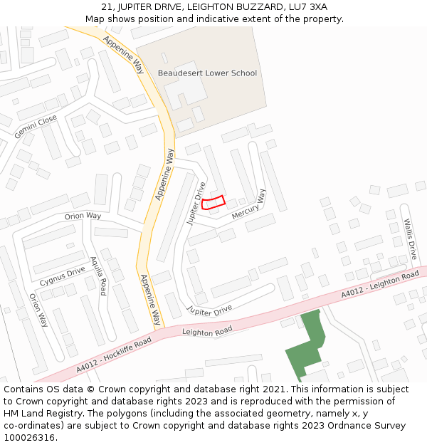 21, JUPITER DRIVE, LEIGHTON BUZZARD, LU7 3XA: Location map and indicative extent of plot