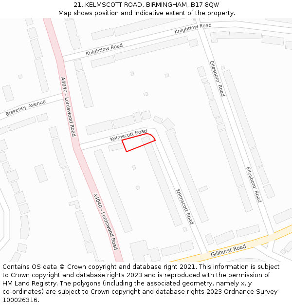 21, KELMSCOTT ROAD, BIRMINGHAM, B17 8QW: Location map and indicative extent of plot