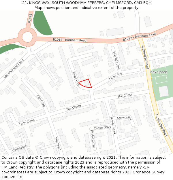 21, KINGS WAY, SOUTH WOODHAM FERRERS, CHELMSFORD, CM3 5QH: Location map and indicative extent of plot