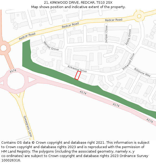 21, KIRKWOOD DRIVE, REDCAR, TS10 2SX: Location map and indicative extent of plot