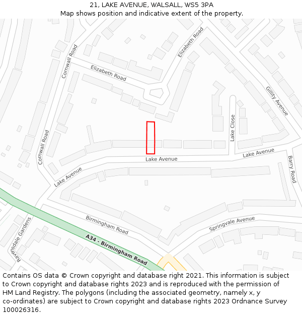 21, LAKE AVENUE, WALSALL, WS5 3PA: Location map and indicative extent of plot