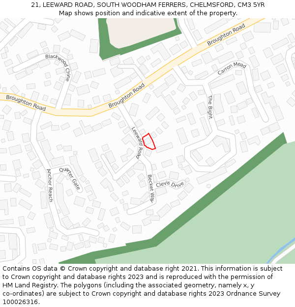 21, LEEWARD ROAD, SOUTH WOODHAM FERRERS, CHELMSFORD, CM3 5YR: Location map and indicative extent of plot