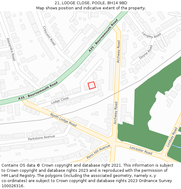 21, LODGE CLOSE, POOLE, BH14 9BD: Location map and indicative extent of plot