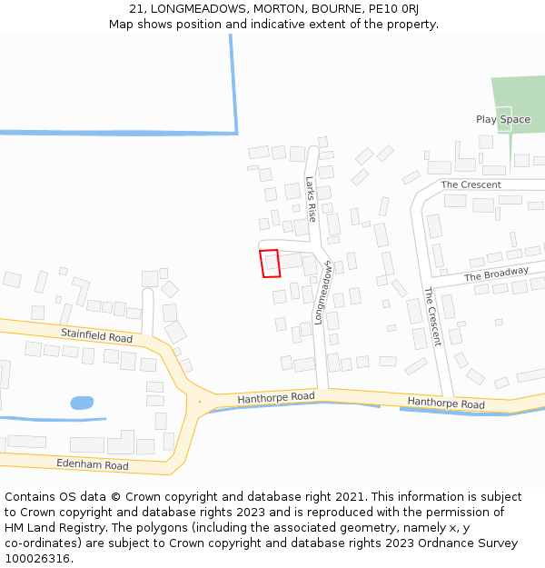 21, LONGMEADOWS, MORTON, BOURNE, PE10 0RJ: Location map and indicative extent of plot