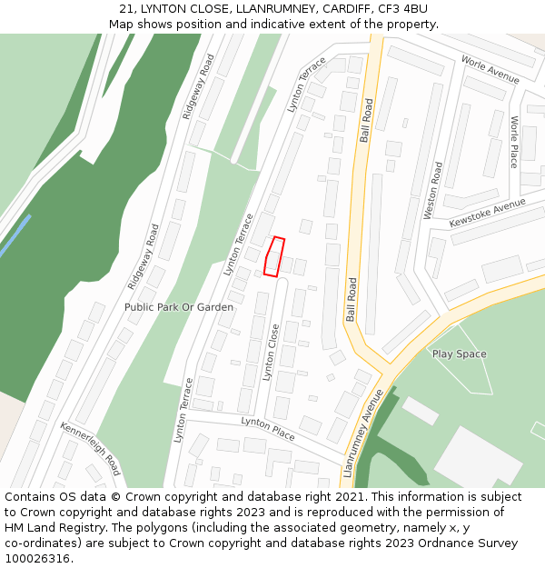 21, LYNTON CLOSE, LLANRUMNEY, CARDIFF, CF3 4BU: Location map and indicative extent of plot