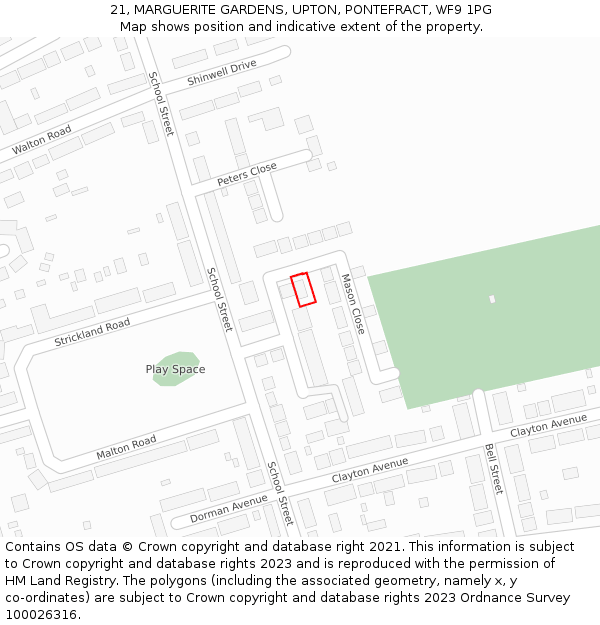 21, MARGUERITE GARDENS, UPTON, PONTEFRACT, WF9 1PG: Location map and indicative extent of plot