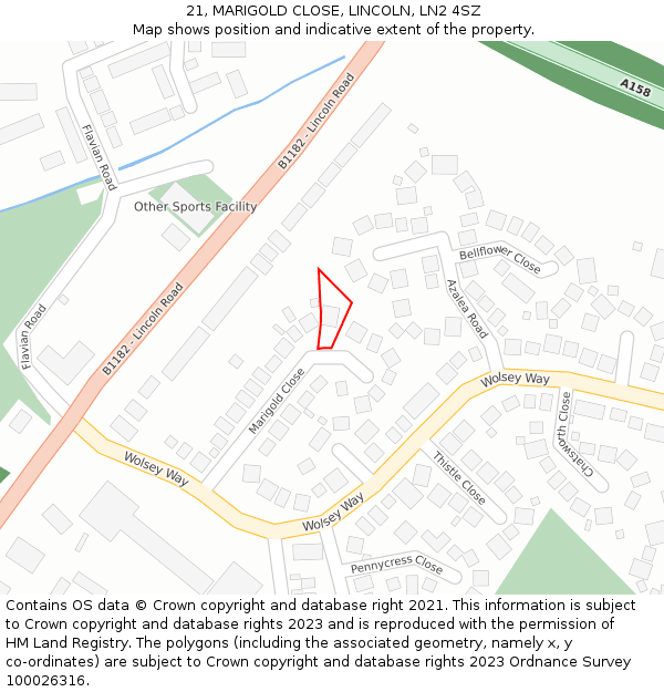 21, MARIGOLD CLOSE, LINCOLN, LN2 4SZ: Location map and indicative extent of plot