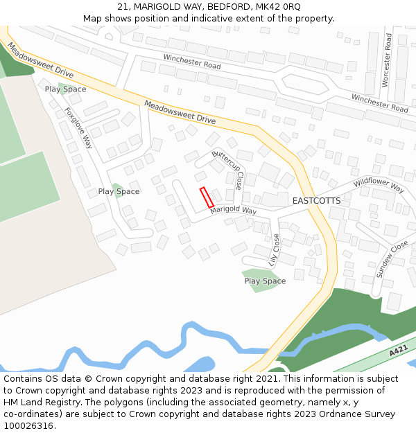 21, MARIGOLD WAY, BEDFORD, MK42 0RQ: Location map and indicative extent of plot