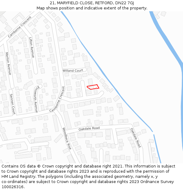 21, MARYFIELD CLOSE, RETFORD, DN22 7GJ: Location map and indicative extent of plot