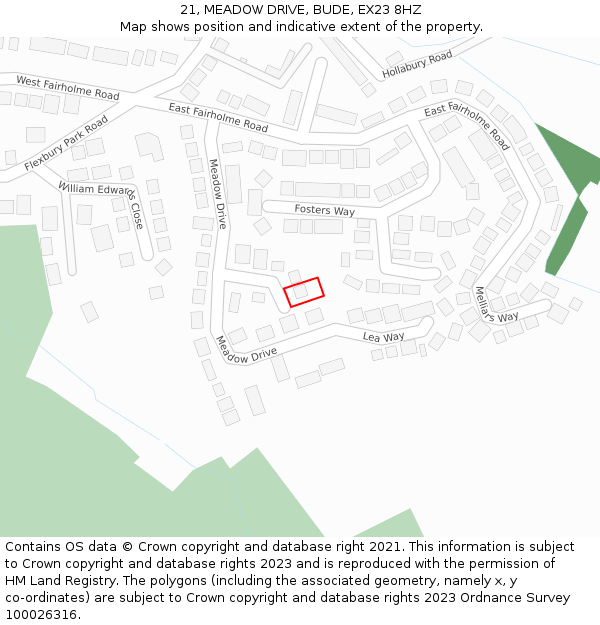 21, MEADOW DRIVE, BUDE, EX23 8HZ: Location map and indicative extent of plot