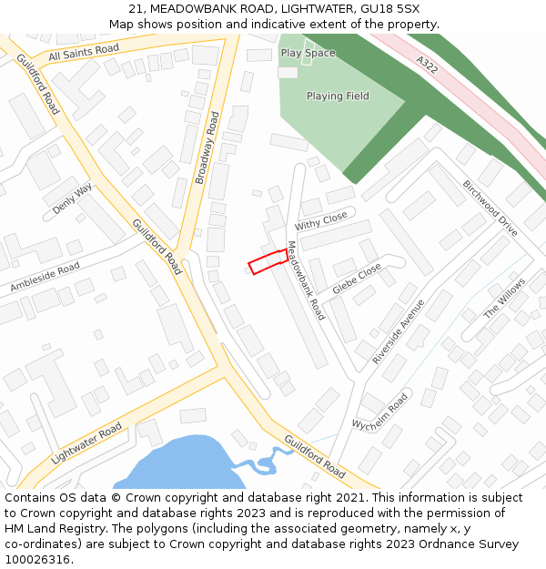 21, MEADOWBANK ROAD, LIGHTWATER, GU18 5SX: Location map and indicative extent of plot