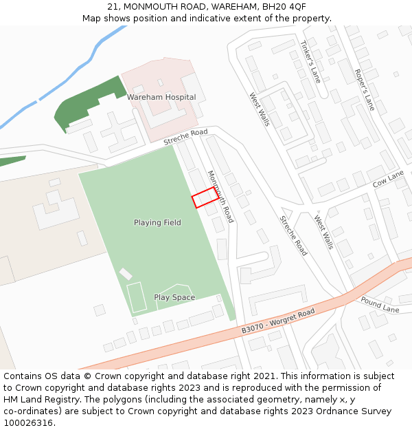 21, MONMOUTH ROAD, WAREHAM, BH20 4QF: Location map and indicative extent of plot