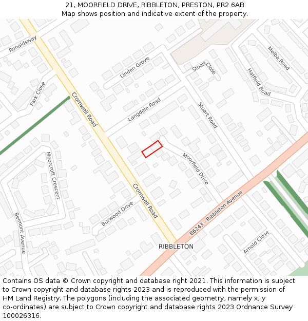 21, MOORFIELD DRIVE, RIBBLETON, PRESTON, PR2 6AB: Location map and indicative extent of plot