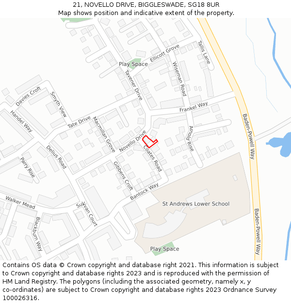 21, NOVELLO DRIVE, BIGGLESWADE, SG18 8UR: Location map and indicative extent of plot