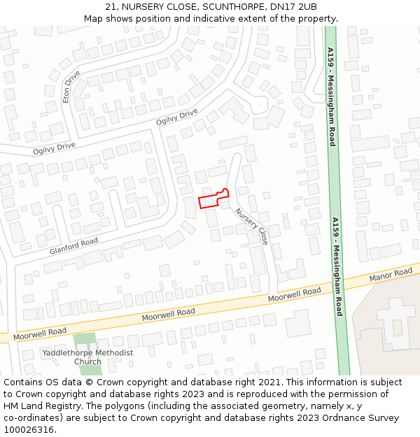 21, NURSERY CLOSE, SCUNTHORPE, DN17 2UB: Location map and indicative extent of plot