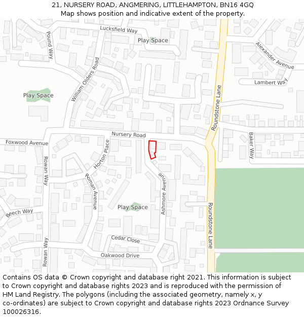 21, NURSERY ROAD, ANGMERING, LITTLEHAMPTON, BN16 4GQ: Location map and indicative extent of plot