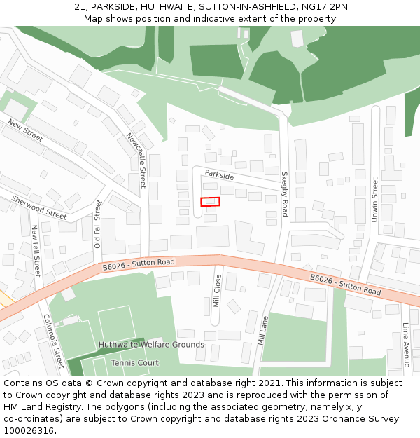 21, PARKSIDE, HUTHWAITE, SUTTON-IN-ASHFIELD, NG17 2PN: Location map and indicative extent of plot