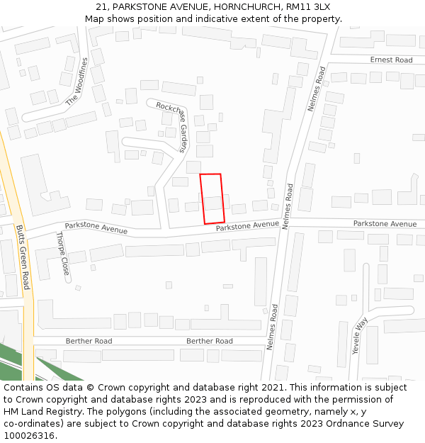 21, PARKSTONE AVENUE, HORNCHURCH, RM11 3LX: Location map and indicative extent of plot