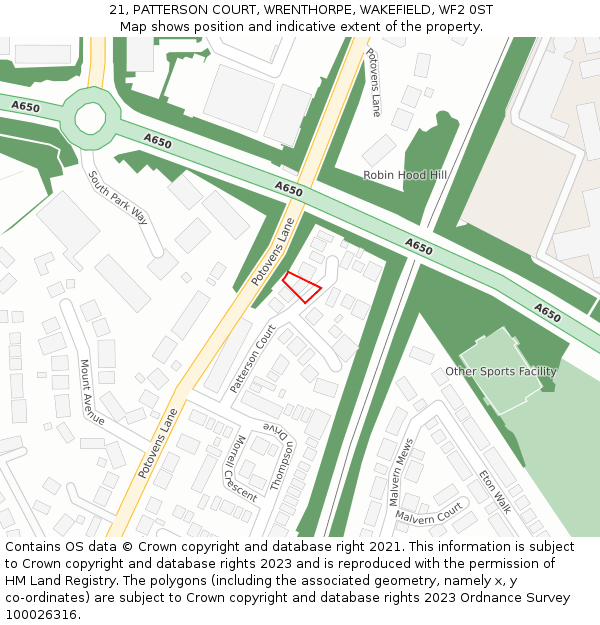 21, PATTERSON COURT, WRENTHORPE, WAKEFIELD, WF2 0ST: Location map and indicative extent of plot