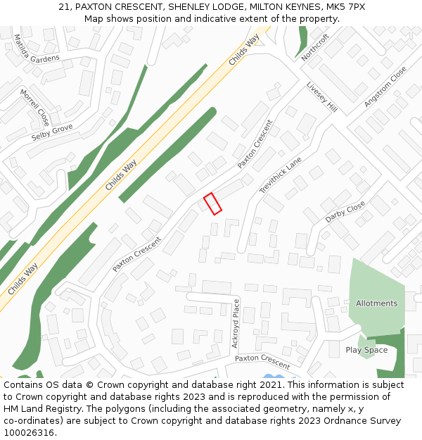 21, PAXTON CRESCENT, SHENLEY LODGE, MILTON KEYNES, MK5 7PX: Location map and indicative extent of plot