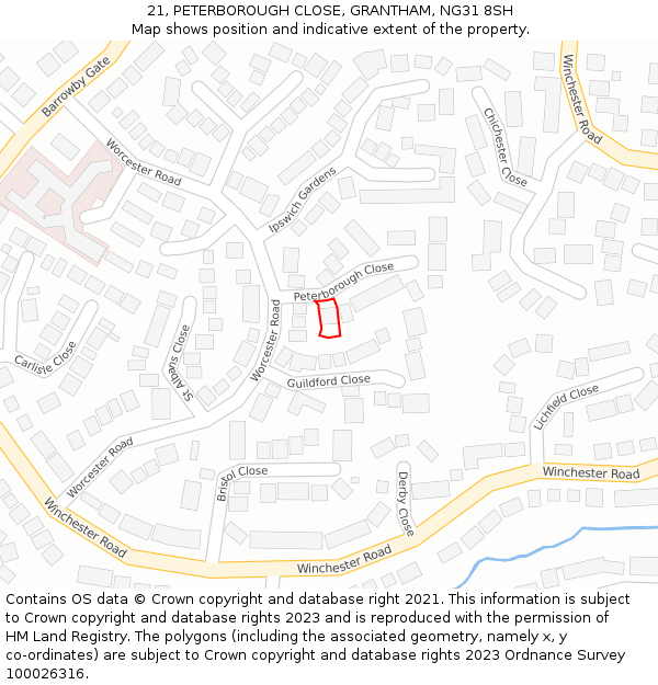 21, PETERBOROUGH CLOSE, GRANTHAM, NG31 8SH: Location map and indicative extent of plot